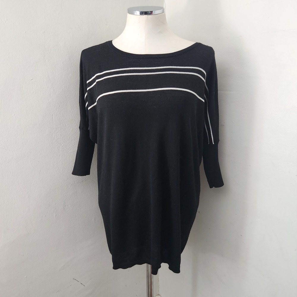 Ann Taylor Loft Black Striped Dolman Sleeve Merino Wool Blend Tunic Sweater S